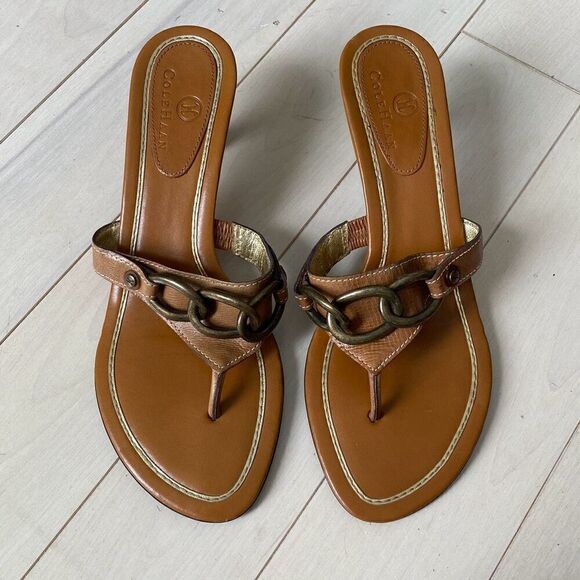 Cole Haan Leather Kitten Heel Kina Thong Beach Slides Sandals Tan Brass Size 6.5 - Picture 1 of 5